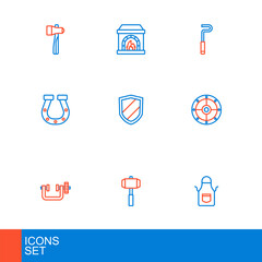 Set line Blacksmith apron, Sledgehammer, Clamp and screw tool, Round shield, Horseshoe, Shield, Fire poker and oven icon. Vector
