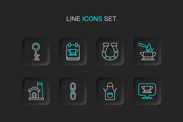 Set line Blacksmith anvil tool, apron, Chain link, Smithy workshop interior, Anvil and hammer, Horseshoe, and Old key icon. Vector
