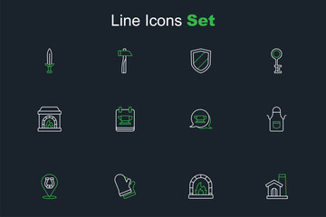 Set line Smithy workshop interior, Blacksmith oven, Protective gloves, Horseshoe, apron, anvil tool, and icon. Vector