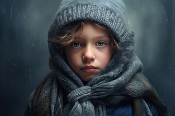 Photo of a lonely sad child in winter clothes.