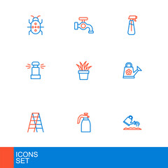 Set line Watering can, Garden sprayer for water, Wooden staircase, Automatic irrigation sprinklers, Plant pot, and tap icon. Vector