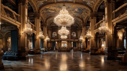 A panoramic view of a grand library hall, with marbled columns and majestic chandeliers.