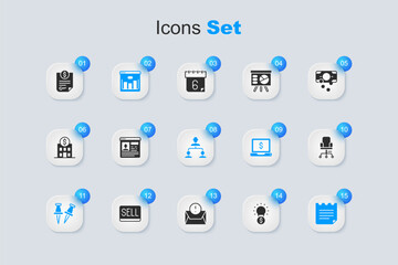 Set Light bulb with dollar, Resume, Browser stocks market, Push pin, Notebook, Office chair, Contract money and Employee hierarchy icon. Vector