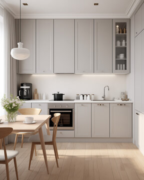 A luxury kitchen of a beautiful bright modern Scandinavian style, generative AI	