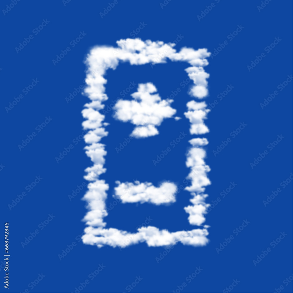 Poster clouds in the shape of a battery symbol on a blue sky background. a symbol consisting of clouds in t