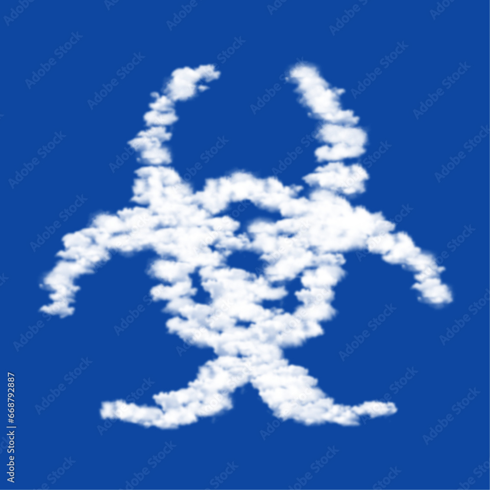 Poster clouds in the shape of a biohazard symbol on a blue sky background. a symbol consisting of clouds in