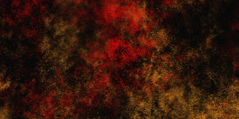 Abstract grunge Background with scratches and cracks.  Small particles moving on red and dark or yellow background peeling wall surface with old wall scratches - obrazy, fototapety, plakaty