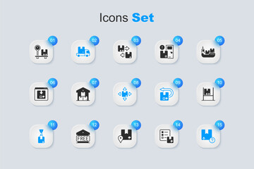 Set Verification of delivery list, Full warehouse, Delivery cargo truck, Crane with cardboard box, Carton, Warehouse interior boxes, Scale and icon. Vector