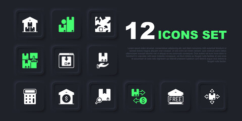 Set Free storage, Carton cardboard box, Online app delivery tracking, Tax, Warehouse with boxes, price, and Search package icon. Vector