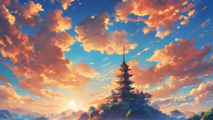A painting of a pagoda in the mountains. The pagoda is made of wood and has a lot of windows. It is surrounded by trees and mountains. The sunset is a beautiful shade of orange