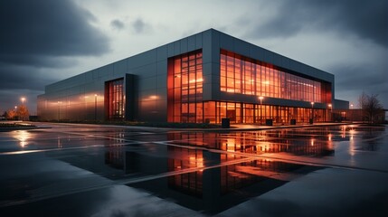A modern sleek warehouse office building facility with an exterior architecture design in steel.