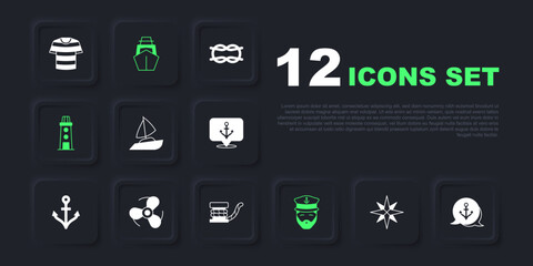 Set Wind rose, Anchor, Yacht sailboat, Captain of ship, Lighthouse, Boat propeller, and Marine bollard with icon. Vector