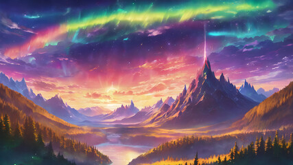 Mystical Aurora Over Mountains: A 2D Illustration of the Cosmic Beauty of the Aurora Borealis