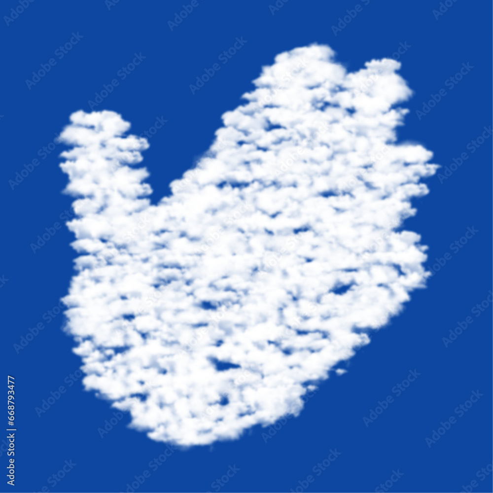 Poster clouds in the shape of a hand on a blue sky background. a symbol consisting of clouds in the center.