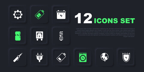 Set Global planet with thunderbolt, Lightning and shield, Electrical panel, Washer, Refrigerator, plug, Battery charge and icon. Vector