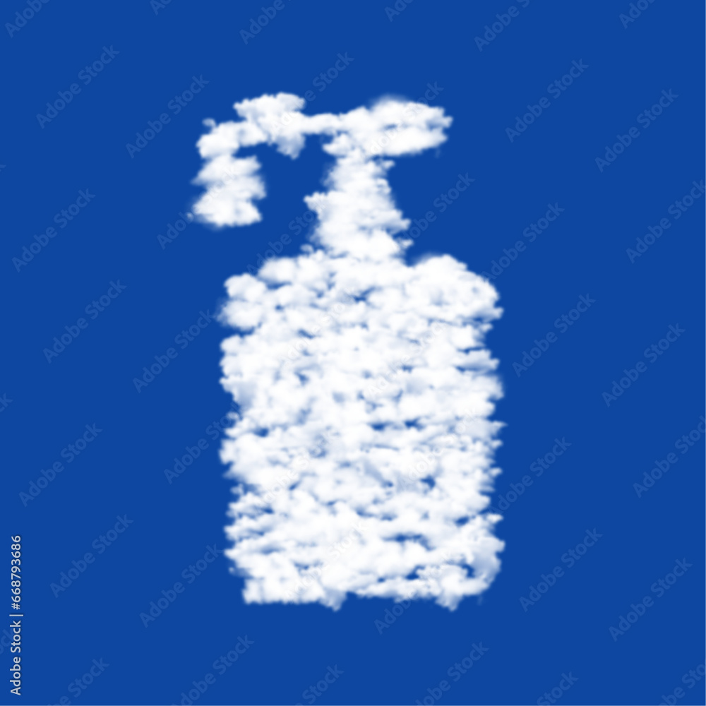 Poster clouds in the shape of a liquid soap symbol on a blue sky background. a symbol consisting of clouds 