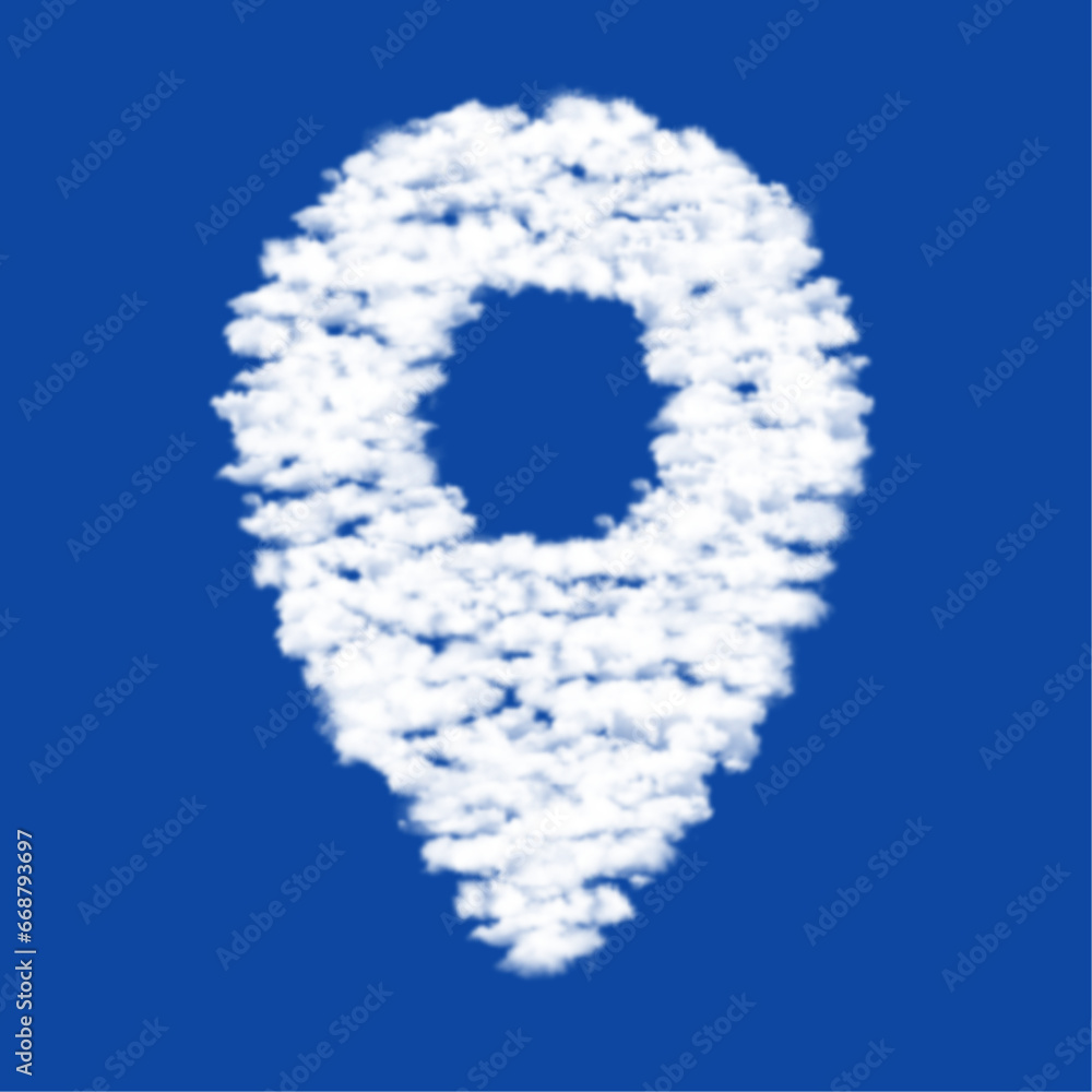 Poster clouds in the shape of a location symbol on a blue sky background. a symbol consisting of clouds in 