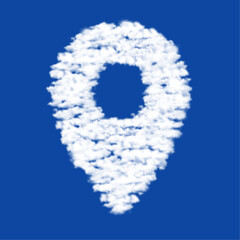 Clouds in the shape of a location symbol on a blue sky background. A symbol consisting of clouds in the center. Vector illustration on blue background
