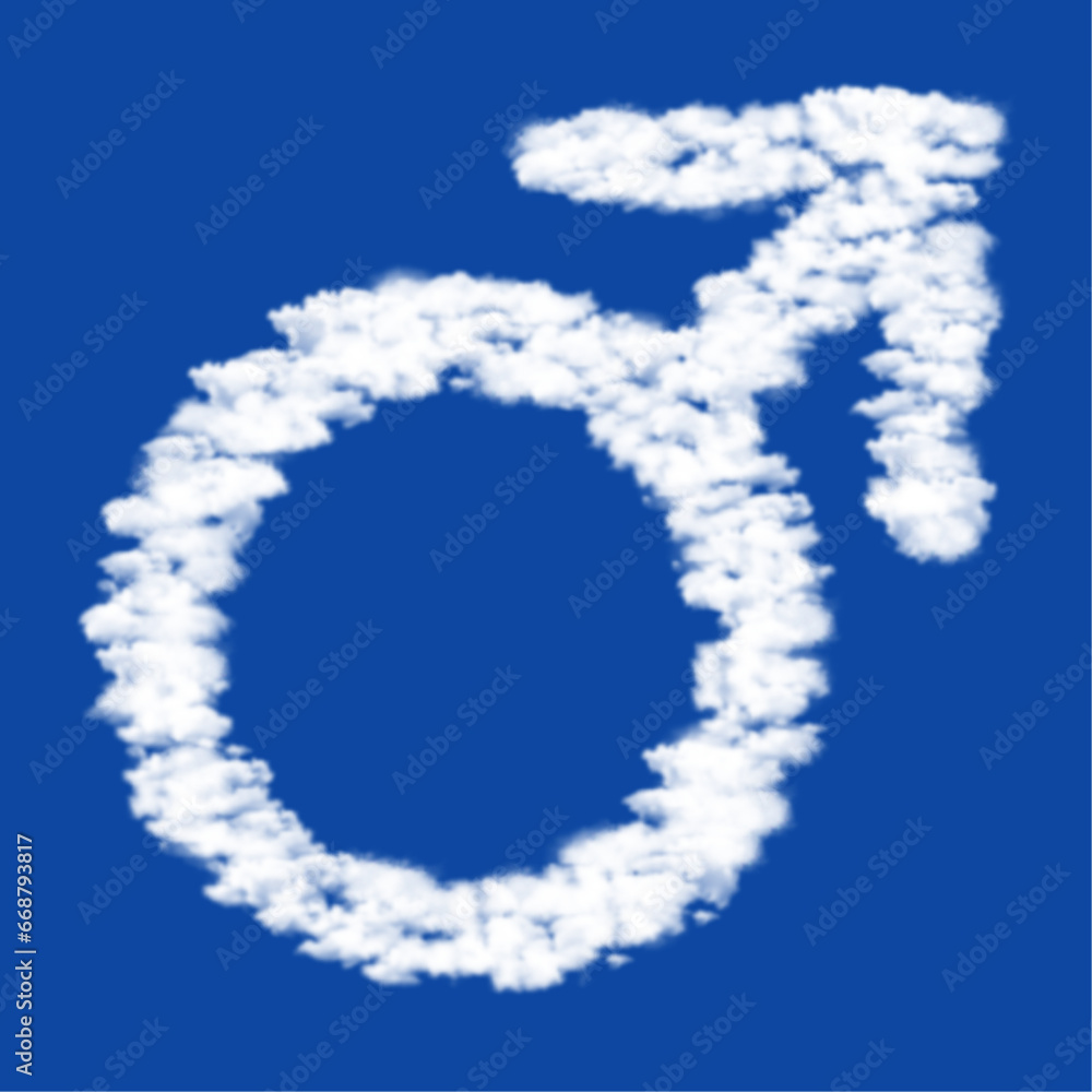 Poster clouds in the shape of a mars symbol on a blue sky background. a symbol consisting of clouds in the 