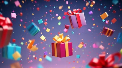 Fototapeta na wymiar Merry New Year and Merry Christmas. Colourful gift boxes with confetti flying and falling, holiday concept banner