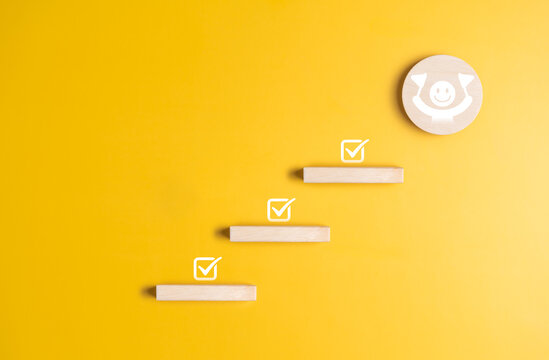 Wooden block with business successful and correct sign icons on background. Project target plan, strategy planning management, business goal. Innovation and inspiration for creativity idea thinking.