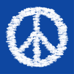 Clouds in the shape of a peace symbol on a blue sky background. A symbol consisting of clouds in the center. Vector illustration on blue background