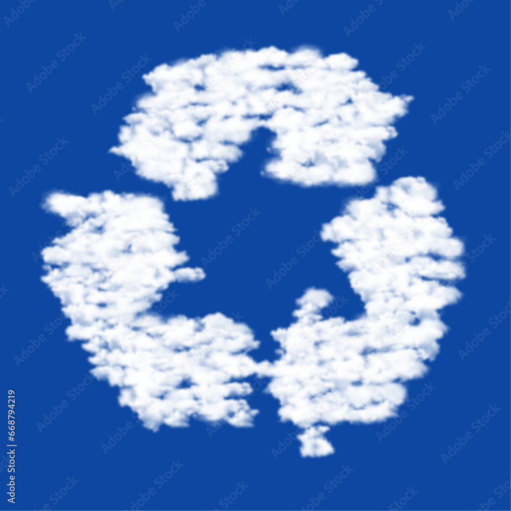 Poster clouds in the shape of a recycling symbol on a blue sky background. a symbol consisting of clouds in