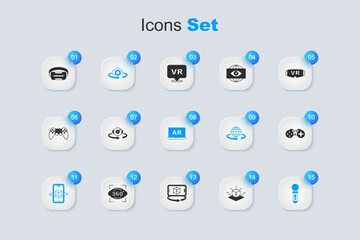 Set 3d modeling, 360 degree view, VR controller game, Gamepad, Virtual reality glasses and Augmented AR icon. Vector