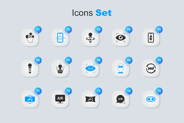 Set Virtual reality, Augmented AR, 3d modeling, Wide angle picture, glasses, 360 degree view, and icon. Vector