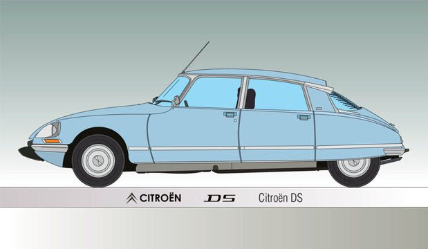 France, year 1955, Citroen DS coloured silhouette outlined, vintage classic car, vector illustration