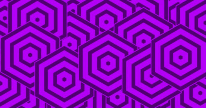 Small hexagonal radiowave arranged and placed randomly to form a pattern grid. Multiple growing polygon radiowave seamless looped motion graphics shape background. Purple color background.