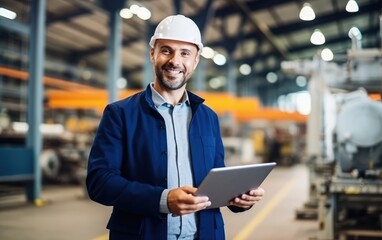 Naklejka premium An engineer using tablet computer for inspection and checking production process on factory station