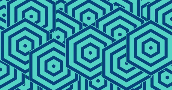 Small hexagonal shape radiowave arranged and placed randomly to form a pattern grid. Multiple growing hexagon radio wave seamless looped motion graphics shape Blue color background.