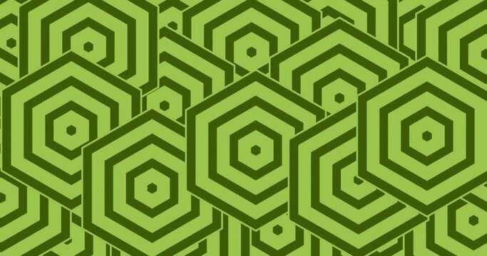 Small hexagonal radiowave arranged and placed randomly to form a pattern grid. Multiple growing polygon radiowave seamless looped motion graphics shape background. green color background.