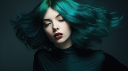 Fototapeta premium Contemporary female face portrait with long green hair, close-up. Fashion and beauty concept