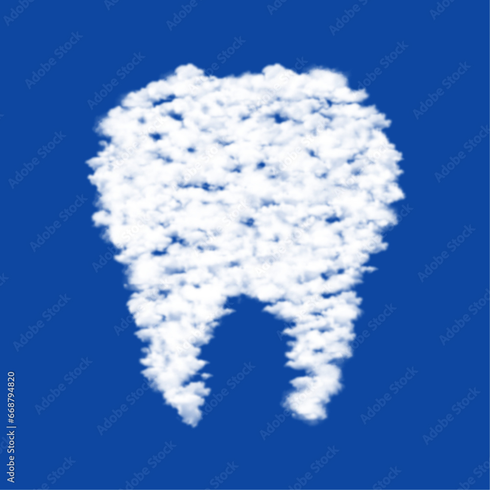 Poster clouds in the shape of a tooth symbol on a blue sky background. a symbol consisting of clouds in the