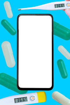 A phone with a white blank screen, medical pills and a thermometer on the background. Place for text. Copy space. Mockup.