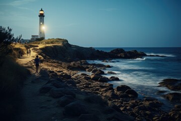 Fototapeta na wymiar A picturesque coastal lighthouse on a sea cliff at night