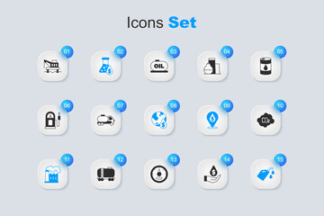 Set Oil drop with dollar symbol, Tanker truck, petrol test tube, and gas industrial factory, Canister for motor machine oil, CO2 emissions cloud, platform the sea and icon. Vector