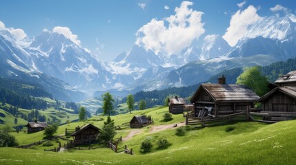 Alpine mountain landscape with a small village