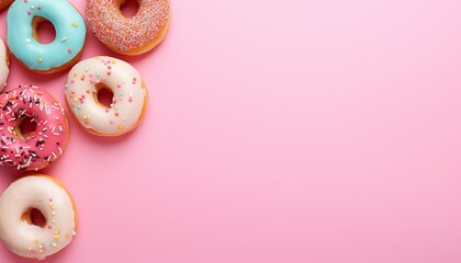 Some donut on the left, light pink background, with copy space top view. Delicious glazed donuts on white background, flat lay. Space for text Generative AI