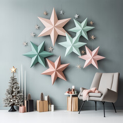 Minimalistic Scandinavian style Christmas interior with paper stars on the walls, handmade origami accessories and Christmas tree. Pastel colors room design