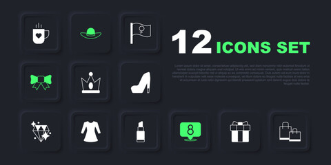 Set Gift box and heart, Paper shopping bag, King crown, 8 March, bow, Woman dress, Elegant women hat and Lipstick icon. Vector