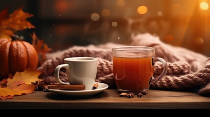 A cozy scene with autumn drinks on a rainy day, embodying the hygge spirit of warmth and comfort.