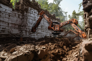 Fototapeta premium Robotic arms built a brick retaining wall at the construction site in the forest