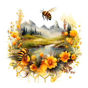 Honeybee on Yellow Flowers watercolor,  cartoon clipart, isolated on white background