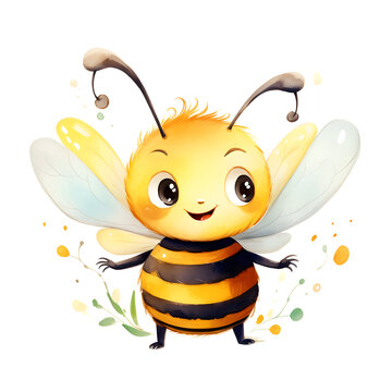 watercolor little bee, kid cartoon illustration