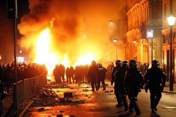 Police Confronting Street Riots in European City, Possibly Marseille, France - obrazy, fototapety, plakaty