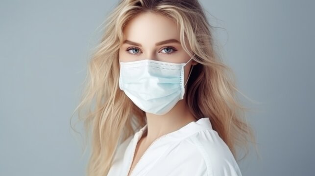 Photo of a beautiful woman wearing a medical mask. Health concept