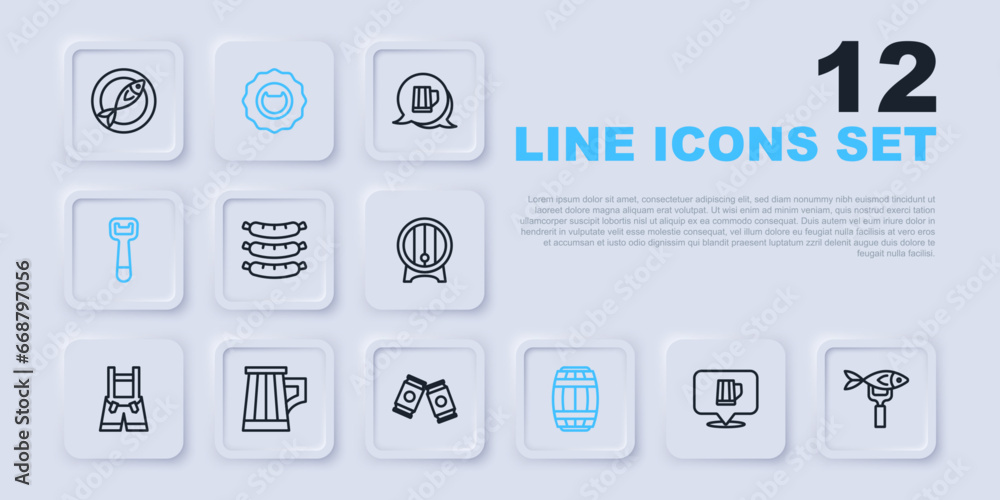 Wall mural Set line Wooden beer mug, Dried fish, Sausage, barrel, Bottle opener, and Beer can icon. Vector